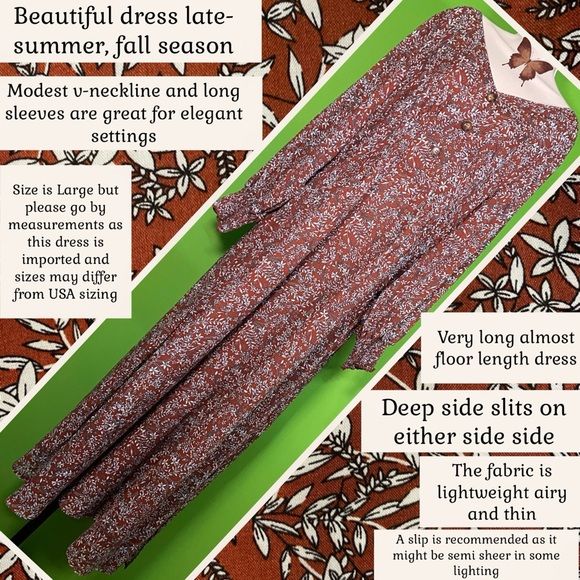 GAOVOT NWT L BROWN/IVORY FLORAL LONG MAXI DRESS W SIDE SLITS LIGHTWEIGHT UNLINED - Picture 9 of 16